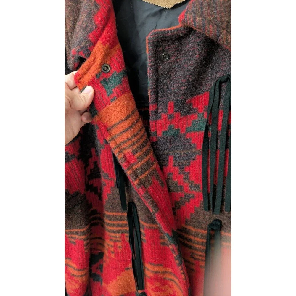 Vintage 90s Woolrich Womens Southwest Wool Trench Coat Large Aztec Long Duster - Picture 5 of 12